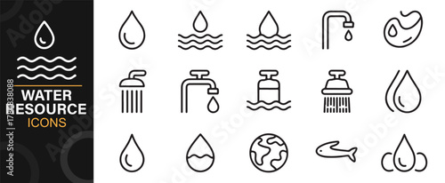Clean water cycle, filtration, and usage icons in thin line style