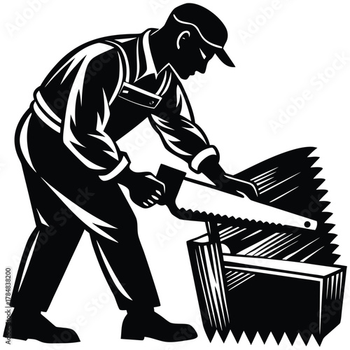 Carpenter Silhouette Woodworking Illustration Man Sawing Timber on White Background