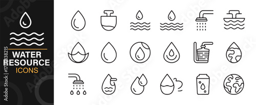 Eco-friendly water management and sustainability line symbols