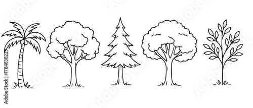 A series of trees are drawn in black and white. The trees are of different sizes and types, including a palm tree, a pine tree, and a tree with a ladder