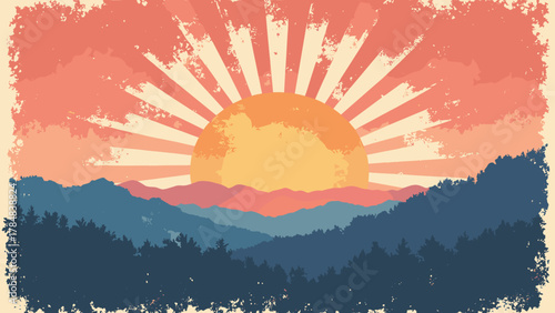 Retro sunburst tapestry — wide sunburst rays with textured halftone and faded edges, palette: coral, gold, navy