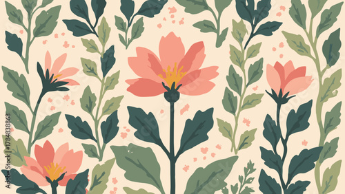 Retro floral geometric — stylized geometric flowers arranged in a lattice, palette: olive, rose, cream