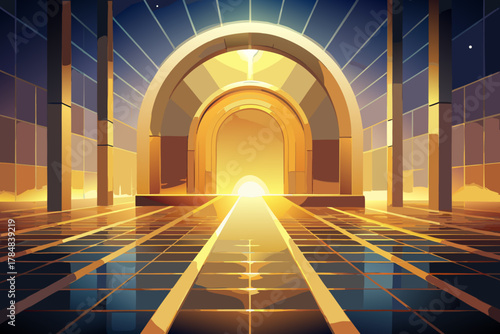 Grand archway with golden light and reflective floor