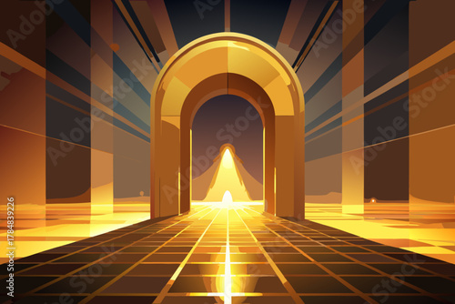 Golden archway leading to a bright futuristic landscape with geometric patterns