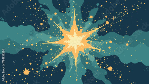 Atomic star scatter — tiny starbursts and pin-dots in layered density field; palette: mustard, teal, espresso, cream