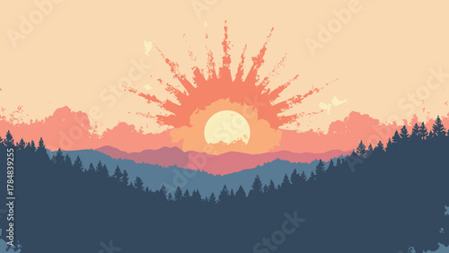 Sunburst halftone gradient — wide rays halftoned toward center with muted grain; palette: peach, coral, navy, bone