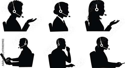 Customer service team, call center staff, headset communication, remote support, technical help, online assistance, business communication, operator silhouettes,
