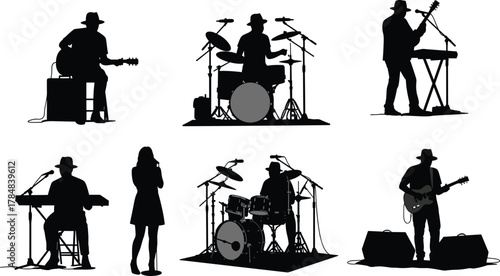 Musician silhouettes, band performance, live concert, acoustic guitar, electric guitar, drummer, keyboardist, singer, stage setup, music group, artistic style, black background, creative concept