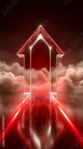 Red neon light arrow portal to future success and mysterious destination.