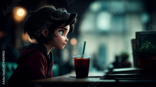 Dark cozy cafe atmosphere with an iced drink and blurred background.