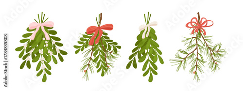 Set of Christmas compositions with mistletoe and pine branches decorated with bows. Flat festive vector collection. Traditional door decor.