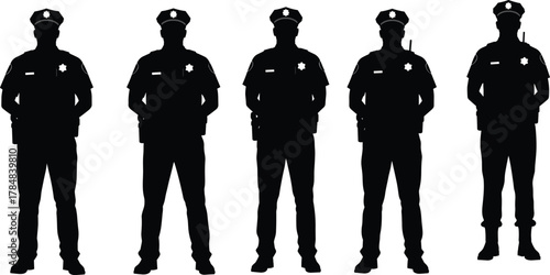 Police officer silhouettes, law enforcement team, uniformed patrol, public safety, security personnel, authority figures, standing in line, crime prevention, official duty, graphic illustration**