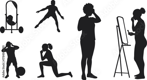 Silhouette, human activity, body movement, stretching, contemplation, grooming, wheelchair, fitness pose, emotional expression, mirror reflection, exercise, frustration, thoughtful,