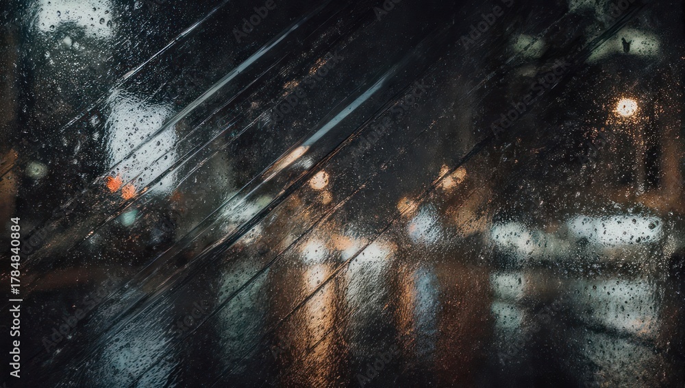 Fototapeta premium Raindrops obscure view through a window at night. Lights blurred. Grungy texture