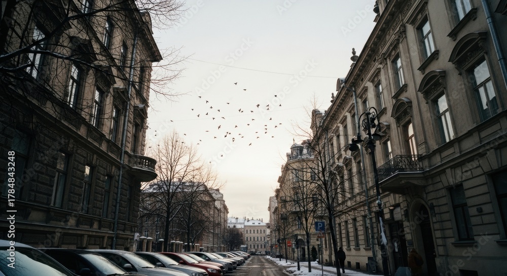 Fototapeta premium Historic European city street in winter. Ornate building facades and bare trees. Flock of birds flying in an overcast sky. Urban travel destination and architectural tourism concept