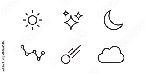 galaxy editable stroke icons set. Sky Star Sun icon set line sign. Simple linear pictogram pack. vector illustration isolated on white background