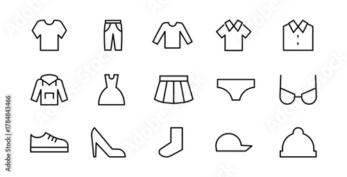 Clothing line icon set. Dress, polo t-shirt, jeans, winter coat, pants, skirt, Clothes, Fashion Jacket, Sweatshirt, Hoody editable stroke isolated on white, linear vector outline