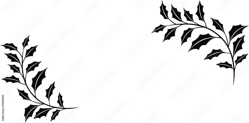 Naklejka premium Decorative holly leaf corner design in a clean black silhouette style. Festive seasonal elements create elegant accents for holiday layouts. Ideal for cards, invitations, posters, and Christmas 