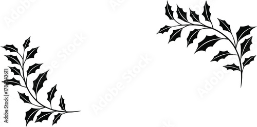 Decorative holly leaf corner design in a clean black silhouette style. Festive seasonal elements create elegant accents for holiday layouts. Ideal for cards, invitations, posters, and Christmas 