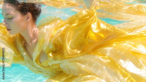 Woman in flowing yellow fabric, serene expression, underwater setting, vibrant colors enhancing tranquility, ideal for fashion themes.
