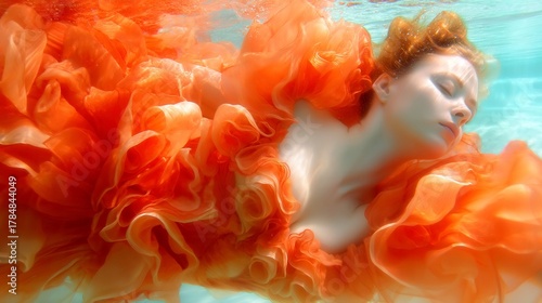 Woman gracefully swimming, young woman with vibrant orange fabric flowing in water, serene atmosphere, relaxation theme.
