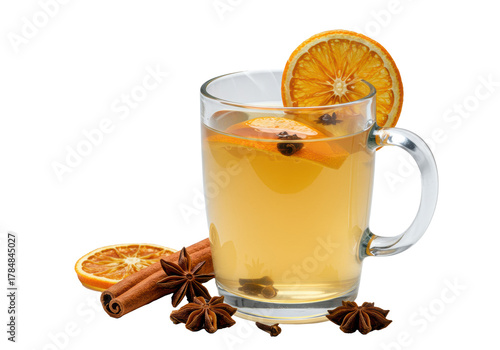 Steaming pale gold white mulled wine in a clear glass mug, garnished with dried orange, cinnamon sticks, and star anise, against a transparent studio background, traditional holiday beverage concept