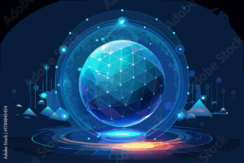 Futuristic digital globe with network connections and abstract cityscape