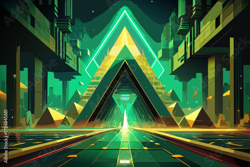 Futuristic geometric cityscape with glowing pyramids and neon lights