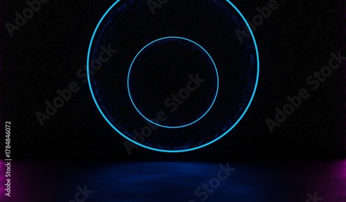 Neon circle scene, modern showroom, 3D illustration