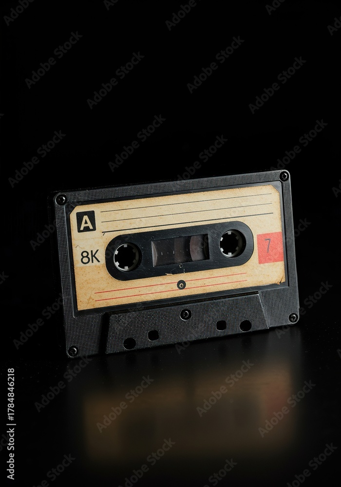 Obraz premium Classic audio cassette tape, aged and worn, evoking strong nostalgia and retro charm. A symbol of past eras and sound recording history ,reel ,tape ,analog