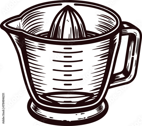 Hand drawn citrus juicer with measuring cup and spout vintage kitchen utensil sketch illustration