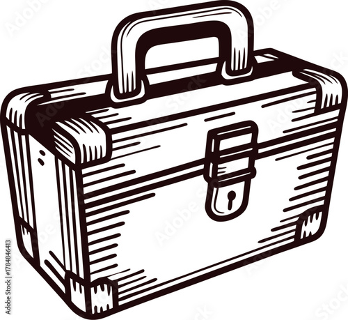 Hand drawn vintage toolbox with handle and latch in monochrome engraved etching illustration