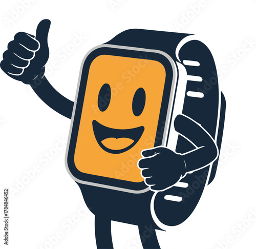 Cartoon smartwatch character giving a thumbs up with a cheerful expression