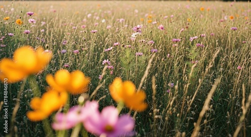 Fototapeta Naklejka Na Ścianę i Meble -  Wildflower meadow at sunset with golden light. Pink and orange cosmos flowers blooming in a field. Soft focus foreground with artistic bokeh. Natural summer landscape for wellness