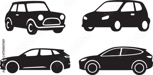 Modern Car Side View Icons with Sporty Vehicle Designs. Collection of Black Car Silhouettes.