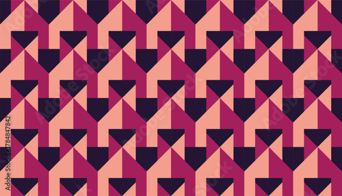 Seamless geometric pattern in pink, coral, and purple tones forming a repeating arrangement of triangles and arrow-like shapes. The bold abstract design has a retro-modern feel