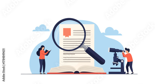 Research And Analysis Magnifying Glass Over Document, Book, Microscope And Person Studying Information