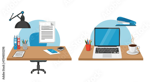 Modern Home Office Desk Setup with Laptop, Lamp, and Coffee