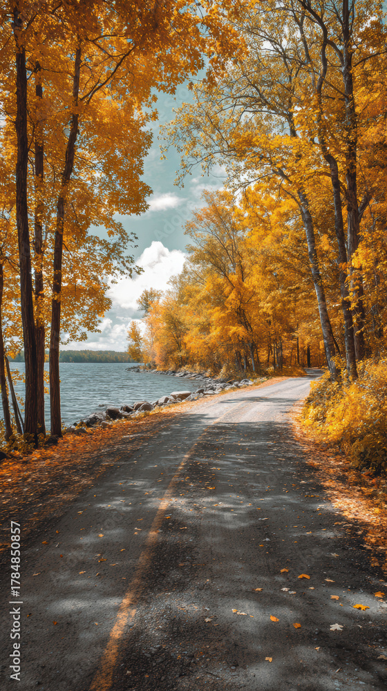 Obraz premium Autumn Forest Path by the River – AI Generative