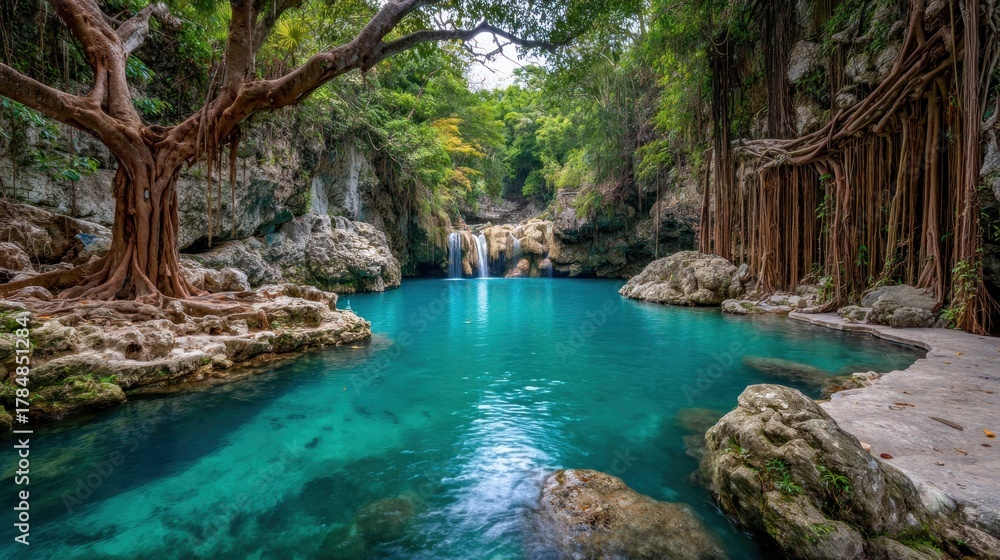 Naklejka premium Lush turquoise pool with waterfall, jungle backdrop