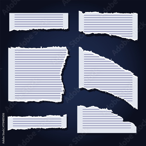 Set of vector sheets of white lined paper with torn edges on a dark background. Sheets of various shapes and sizes, imitating natural tears. Blank crumpled pages of a school notebook.