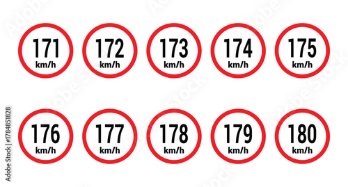 Speed limit sign 171, 172, 173, 174, 175, 176, 177, 178, 179 and 180 km h icon vector design illustration set