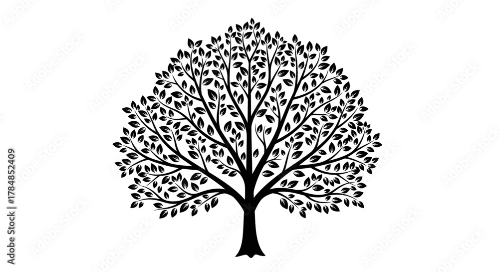 Obraz premium Black silhouette of a lush, leafy tree with many branches against a white background.