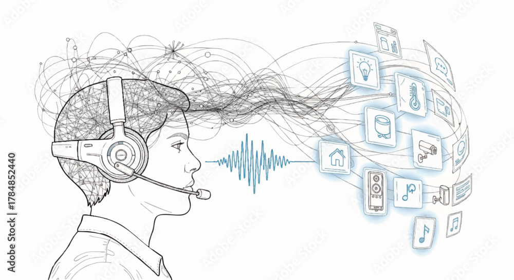 Fototapeta premium Line art illustration of AI voice control for a smart home. IoT and neural network technology concept. Vector graphic of human-computer interaction