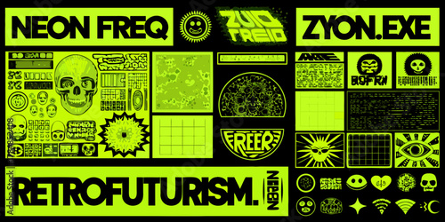 Vibrant retrofuturism collage with neon accents and sci fi elements