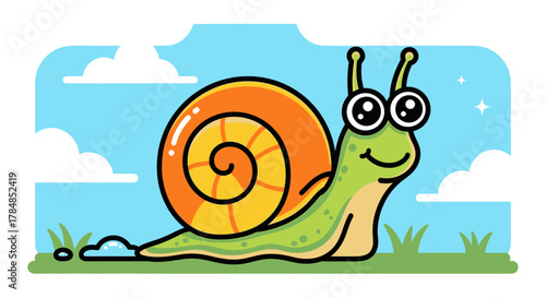 A cute cartoon snail with big eyes and an orange shell is crawling on green grass under a blue sky with white clouds.