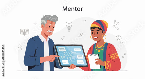 A senior mentor coaching a young woman using a tablet with a flowchart. Business training and professional development concept. Flat vector illustration