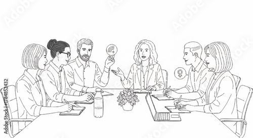 Diverse business team in a meeting line art illustration. Collaboration, communication, and workplace diversity concept. Minimalist vector drawing