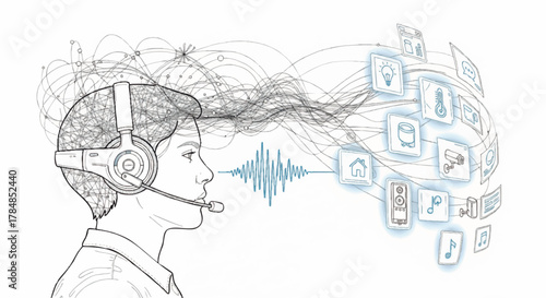 Line art illustration of AI voice control for a smart home. IoT and neural network technology concept. Vector graphic of human-computer interaction