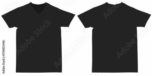 Front and back view of a plain black v neck t shirt on a white background